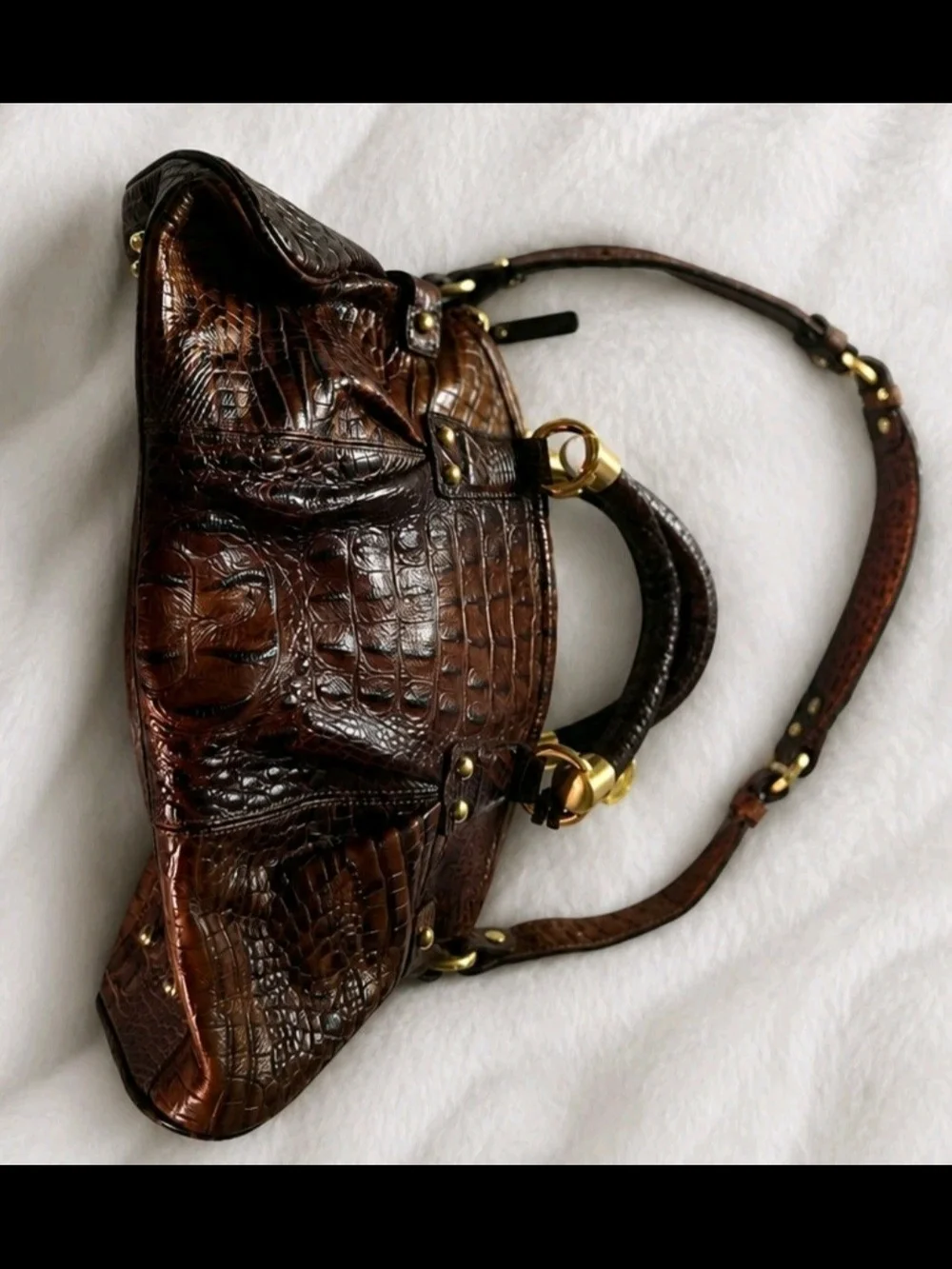 Brahmin Women's Brown Embossed Croc-Style Satchel Top Handle Bag Gold Hardware